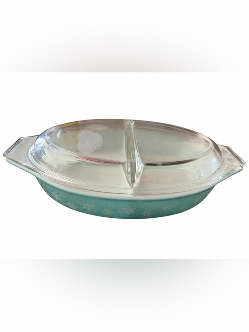 Pyrex Teal Snowflake Divided Casserole Dish with Glass Lid
